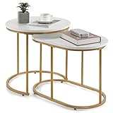 GIANTEX 2er Set Beistelltisch Marmor Gold, Couchtisch Sofatisch Verschiedene Größen, Wohnzimmertisch zusammenschiebbar, Kaffeetisch Satztisch modern Design, Nachttisch Goldener Metallrahmen