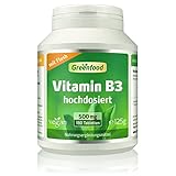 Vitamin B3 Hochdosiert - Niacin B3 mit 500mg Niacinamide pro Tag (180 vegane Tabletten) - Unterstützt Energiestoffwechsel & Hautgesundheit - ohne Zusätze, Gentechnik, laborgeprüft - Greenfood