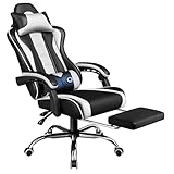 Yaheetech Gaming Stuhl mit Massagefunktion Ergonomischer Gamer Stuhl mit Fußstütze, Bürostuhl 90-135° Rückenlehne verstellbar Gaming Sessel, PC Stuhl Weiß