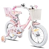 JOYSTAR Einhorn 14 Zoll Kinderfahrrad für 3 4 5 Jahre Mädchen mit Puppe Fahrradsitz Kinder Prinzessin Fahrrad mit Stützrädern Korb, Rosa