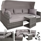 tectake Rattan Sonneninsel Sitzgruppe, Lounge Möbel Set inkl. Sofa mit Sonnendach, Hocker, Sesseln und Tisch, Outdoor Gartenmöbel, Loungemöbel Balkon und Garten, Terrassenmöbel, wetterfest - grau