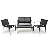 Mondeer Gartenmöbel 4er Set, Sitzgruppe im Garten und Balkon, Gartengarnitur mit DREI Stühlen und einem Glastisch, Schwarz