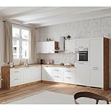 Lomadox Winkelküche Küche Einbauküche Küchenzeile L-Form 360/240 cm mit E-Geräten in weiß und Eiche, Arbeitsplatte in Eiche, inkl. Induktionskochfeld