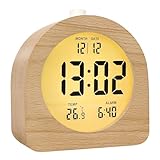 muenfly Wecker Digital Holz, Uhr mit Temperaturanzeige LED Tischuhr Batteriebetriebe Alarm Clock Snooze für Schlafzimmer, Büro (3×AAA-Batterie erforderlich)