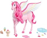 Barbie Rosa Pegasus mit 10 Zubehörteilen inklusive Welpe, geflügeltes Pferde-Spielzeug mit Lichtern und Geräuschen, Hauch von Magie