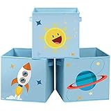 SONGMICS Aufbewahrungsbox, 3er Set, Spielzeug-Organizer, 30 x 30 x 30 cm, Faltbox, Stoffbox mit Griffen, für Kinderzimmer, Spielzimmer, mit Weltall-Motiven, blau RFB001B03