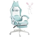 Dowinx Gaming Stuhl - Süße Katze Edition - Ergonomischer Computerstuhl mit Hoher Rückenlehne und Lendenwirbelstütze, PU-Leder, Fußstütze, Blau