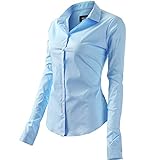 FLY HAWK Bluse Hemdbluse Damen Hemd Basic Kent-Kragen Elegant OL Work Slim Fit Langarm Stretch Formelle Hemden,Hellblau, Größe 40, Hersteller - 12