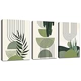 3Pcs Boho Blätter Leinwandbilder Bilder Set mit Rahmen Aesthetic Grüne Pflanze Bilder Moderne Wandbilder Schlafzimmer Bild Auf Leinwand Kunstdruck Deko für Wohnzimmer fertig zum Aufhängen 40x60cmx3