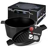 Stanley Rogers Cocotte runder Gusseisen Bräter emailliert 6,5l 28cm schwarz I Praktische Grillpfanne als Deckel I Geeignet für Induktion und Backofen