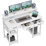 Devoko Schreibtisch mit 3 Schubladen, Schreibtische mit Regal, 120x50x90cm Computertisch mit Monitorständer, Bürotisch,PC-Tisch Gaming Tisch für Home Office, Officetisch, Wohnzimmer, weiße