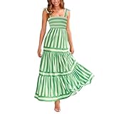 YILEEGOO Damen Sommer Bohemian Langes Kleid Ärmellos Krawatte Schulter Streifen Print Stufenkleid Flowy Strandkleider, grün, L