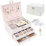 Schmuckkasten, Schmuckkästchen mit 3 Ebenen mit Schubladen, PU-Leder Schmuckbox Schmuckschatulle Groß Schmuck Organizer für Ringe Ohrringe Armbänder Halsketten, Weiß