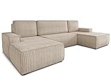 Wohnlandschaft mit Schlaffunktion Totti - U-Form Couch, Schlafsofa mit Bettkasten, Couchgranitur mit Bettfunktion, Big Sofa, Cord Stoff, Wohnzimmer (Beige (Poso 100))