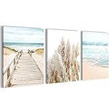 Novart Wandbilder Set Meer - KOMPLETT AUFHÄNGFERTIG - Wohnzimmer Schlafzimmer Deko - 3 Moderne Bilder Paradies Strand - N004835a