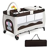 COSTWAY 3 in 1 Reisebett mit Matratze, Kinderreisebett mit Spielbogen, Wickeltisch, Tragetasche, Beistellbett mit Seitentür, atmungsaktives Netz, Babybett klappbar mit Rollen bis 45 kg belastbar,Braun