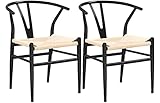 Yaheetech 2-er Set mittelalterliche Esszimmerstühle Y-Stuhl Natur Stuhl Rattan Sessel Lehnstuhl mit Gewebtem Sitz, Armlehnenstuhl, schwarz+holzfarbe