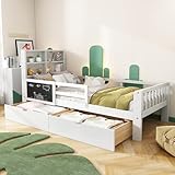 Kinderbett 90x200, Holzbett mit Schubladen und Tafel, Kopfteil mit Bücherregal & Rausfallschutz, Bett mit Lattenrost und Stauraum, Jugendbett, Funktionsbett, Bettgestell aus Holz, ohne Matratze, Weiß