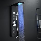 ROVOGO Duschpaneel mit Armatur Schwarz, Duschsäule mit LED-Licht und Temperaturanzeige, 4 Funktionen - Regendusche, Massagedusche, Wanneneinlauf und Handbrause, Duschpaneele Komplett aus 304 Edelstahl