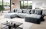 Vigo Velvet Monolith Ecksofa in U-Form 382 cm x 190 cm - Schlafsofa mit Bettkasten - Couch mit Stauraum und Kissen - Sofa mit Schlaffunktion - Ausziehbares Schlafsofa - Farbe: Grau (M-84)