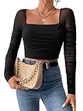 GORGLITTER Damen Bauchfrei Oberteil U-Ausschnitt Crop Top Elegant Rüschen Mesh Tops Cropped Langarmshirt Schwarz M