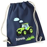 minimutz Turnbeutel Traktor mit Namen personalisiert - Stoffbeutel Jungen Rucksack - Sportbeutel zum Zuziehen - 12L - 37x46cm (dunkelblau)