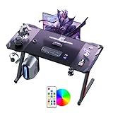 Homall LED Gaming Tisch 120x60cm,Gaming Schreibtisch mit Kohlefaseroberfläche, Ergonomischer Gamer Tisch mit Getränkehalter, Kopfhörerhaken, Stabiler Computertisch PC Tisch, Schwarz