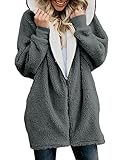 Xnova Damen Teddy-Fleece Kapuzenpullover Mantel mit Reißverschluss, Oversized Hoodie Kapuzenjacke Lang Flauschige Zip Sweatjacke Warme Slouchy Winter Kapuzenpulli mit Taschen (Dunkelgrau, XL)