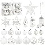 SOLEDI® 128er Set Premium Weihnachtskugeln Kunststoff Weiss mit Baumspitze Stern - Robuste und Sichere Christbaumschmuck Set mit Aufhängen - Christbaumkugeln Bunt, Mehrweg Weihnachtsdeko