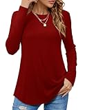 Beluring Longbluse Damen Langarm Oberteile Rundhals Shirt Elegant Schönes T-Shirt Weinrot L