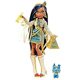 Monster High Cleo de Nile Puppe, Mummie Modepuppe, Königliches Outfit, Killerstiefel, Pyramidenrucksack, Zubehör, für Kinder ab 4 Jahren, HHK54