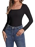 SHAPRERIN Damen Oberteil Eckiger Ausschnitt Langarm Unterhemd Langarmshirt Elegant Bluse Einfarbige T-Shirt Top, Schwarz, M