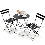 Bistroset 3-teilig | 1 bistrotisch 2 klappbar Stühle, Bistro Gartenmöbel Set, Balkon Set Metall, Klappbare Sitzgarnitur Garten, Balkonmöbel Klappbar, Gartenset Tisch und Stühle Metall | Schwarz