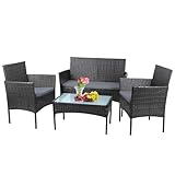 Panana Polyrattan Gartenmöbel-Set Balkonmöbel Lounge-Set Sitzgruppe Tisch mit Glasplatte Stühle Patio Wintergarten Outdoor Graues Rattan mit grauen Kissen