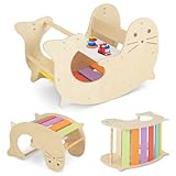 HOMASIS Kletterbogen für Kinder, Kletterdreieck aus Holz mit Spieltisch, Schaukelpferd, multifunktionaler Indoor-Kinderpark für Kinder von 3-14 Jahren, 80 x 47 x 50 cm, mehrfarbig