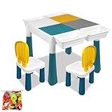 TATIVALO 6-in-1 Kindertisch mit 2 Stühle, Kinder Spieltisch mit 163 Bausteinen, Doppelseitiger Tischplatte, Multifunktionaler Aktivitätstisch Sandtisch, Basteltisch