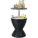 COSTWAY 3 in 1 Cool Bar, höhenverstellbarer Beistelltisch, 30L Outdoor Bier- und Weinkühler in Rattanoptik, Getränkekühler mit Abflussloch, für Terrasse, Party, Poolbereiche, Schwarz