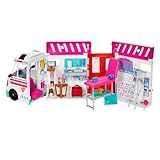 Barbie-Spielzeug, umbaubarer Krankenwagen und Klinik Spielset mit Licht, Geräuschen und mehr als 20 Zubehörteilen, 2-in-1-Krankenwagen, HKT79
