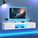 Merax TV Schrank mit LED-Beleuchtung, Lowboard Weiss Hochglanz Hängend, Breite 160 cm, TV Board mit 2 Klapptüren, offenes Fach, Moderner Fernsehschrank Hängeschrank für Wohnzimmer, Schlafzimmer