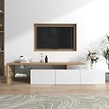 Modernes TV-Schrank Stilvolle Eleganz TV Lowboard Wohnzimmer, TV Bank mit Glasböden, LED-Beleuchtung, Holzoptik Fernsehschrank, Praktischer Stauraum, Hochglänzendes Schwarz/Weiß, 197.5x39x42cm