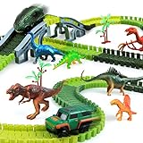 kizplays 251 pcs Dinosaurier Spielzeug Autorennbahn Rennbahn,6 Dinosaurier-Modell, 2 Spielzeugautos Autobahn ab 3 4 5 6 Jahre Junge Mädchen,Elektroauto Cars für Kinder Geschenk