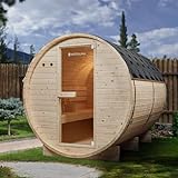 Luxus Outdoor Holz Fasssauna Saunafass Größe XL 220x191 cm mit 8 KW Saunaofen für 6 Personen KOMPLETT SET mit Sauna Ofen Zubehör LED massiv Fichte