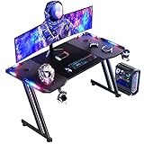 HLONONE 120 x 60cm Gaming Tisch, Gaming Schreibtisch mit LED, PC Tisch Gaming mit Kohlefaseroberfläche, Stabiler Computertisch für Gaming mit Kopfhörerhaken und Getränkehalter, Schwarz