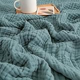 EMME Baumwolldecke 100% Musselin Decke Erwachsene, 6-Lagige Sofadecken Atmungsaktive Weiche Decke Alle Jahreszeiten Vorgewaschen Couch Decken Baumwolle Tagesdecke, 140 x 190 cm,Blaugrün