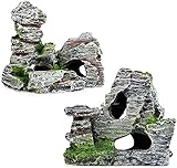 CHJIEJIE 2pcs Aquarium Rock Cave Dekoration mit Grün Gras für Fische Garnelen Verstecken Aquarium Dekoration Harz Aquarium Zubehör,Aquarium Harz Höhle Mountain View， 11 x 9 x 11 cm, 10 x 5,5 x 10 cm.