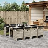 Gecheer 9-tlg. Garten Essgruppe, Gartenmöbel Set, Sitzgruppe Garten, Tisch mit Stuhl, Terassenmöbel, Gartengarnitur für Garten Terrasse, Kissen, Hellgrau Poly Rattan