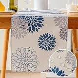 Vorysum Tischläufer Blumen Navy Blau Dahlien Tischläufer Modern Wasserabweisend Leinen，Dekoration Tischdecke Outdoor Sommer Garten für Hochzeit Esszimmer Party Urlaub Dekor 40 x 140 cm