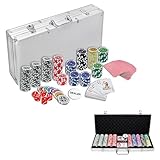 TANYEAR Pokerkoffer Pokerset mit 500 Laser Pokerchips Poker Komplett Set Pokerkarten Poker Chips inkl. 2xPokerdecks, Alu Pokerkoffer, 5xWürfel, 3xDealer Button, Silber