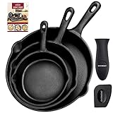 OVERMONT Grillpfanne Gusseisen mit Griff - Gusseisenpfanne 3 Stücke Set - Voreingebrannte Steakpfannen Bratpfanne - Cast Iron Pan für Gasgrill Backofen Kohlegrill