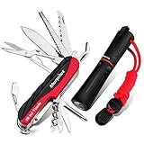 Morpilot Schweizer Messer, 15 in 1 Multi Tools aus Edelstahl, Schweizer Taschenmesser, 4 in 1 Feuerstein, mit Schraubendreher, Pfeife, Säge und Compassrstein